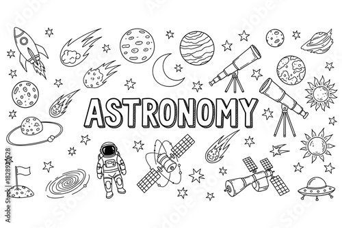 Astronomy doodle art with rockets, planets, telescopes, and stars