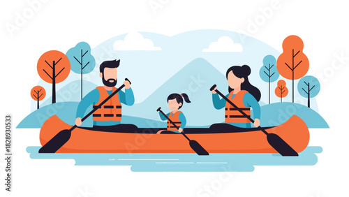 Family enjoying a boat canoe ride during summer holiday travel. Ideal for adventure, outdoor lifestyle, marine tourism, and family bonding themes