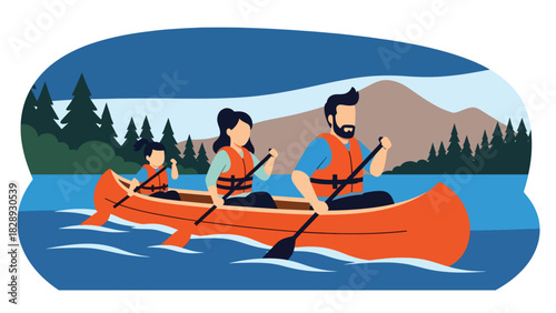 Family enjoying a boat canoe ride during summer holiday travel. Ideal for adventure, outdoor lifestyle, marine tourism, and family bonding themes