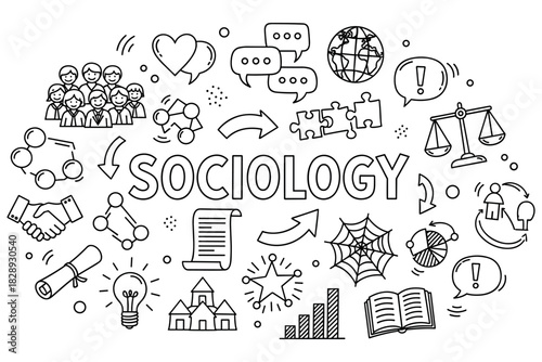Sociology concepts illustrated with symbols and icons in doodle style