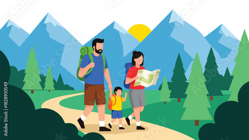 Family hiking together along a summer forest trail. Ideal for adventure lifestyle, travel outdoors, and healthy family recreation themes