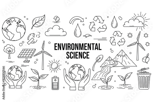 Environmental science icons: renewable energy, conservation, and sustainability symbols