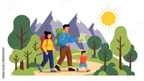 Family hiking together along a summer forest trail. Ideal for adventure lifestyle, travel outdoors, and healthy family recreation themes