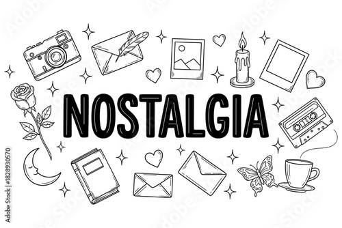 Nostalgia elements: vintage camera, letters, candle, cassette, rose, moon, book, coffee, butterfly