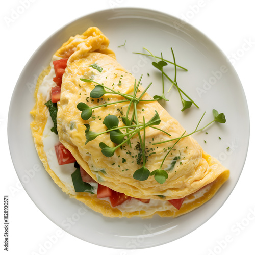 Delicious omelet with vegetables and herbs on white plate isolated on transparent background