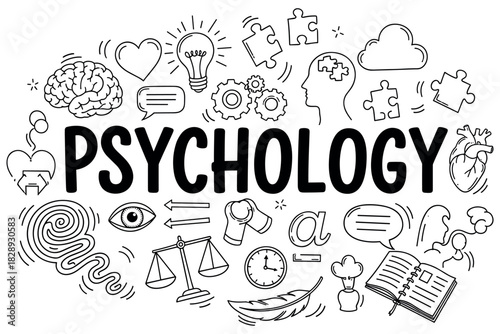 Psychology concepts doodle: mind, brain, mental health, behavior, emotions, cognitive science