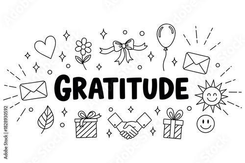 Gratitude doodles with gifts, balloons, and sun symbols in black and white