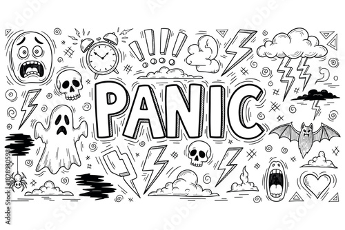 Black and white panic doodle filled with skulls, ghosts, and lightning