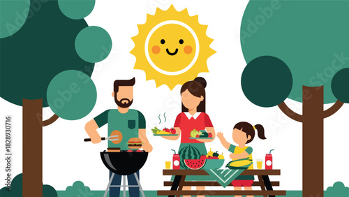 Family cooking and enjoying a summer barbecue outdoors. Ideal for lifestyle themes, relaxing holiday memories, and family celebration visuals