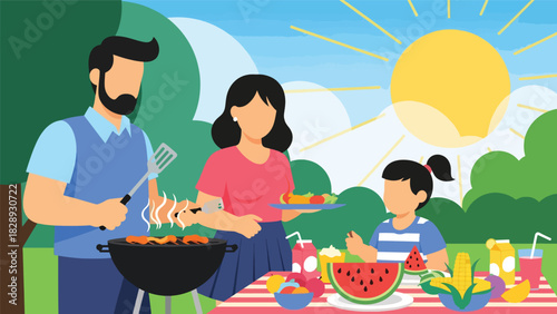Family cooking and enjoying a summer barbecue outdoors. Ideal for lifestyle themes, relaxing holiday memories, and family celebration visuals