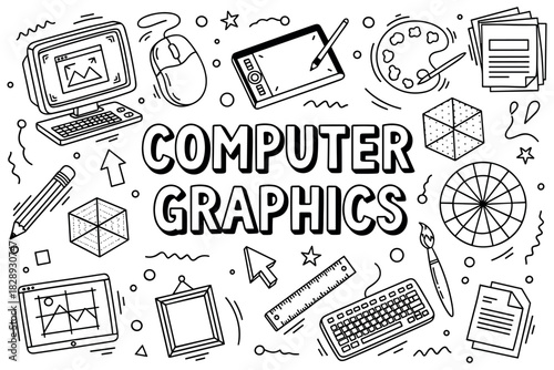 Computer graphics illustration featuring digital art tools and design elements