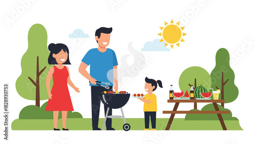Family cooking and enjoying a summer barbecue outdoors. Ideal for lifestyle themes, relaxing holiday memories, and family celebration visuals