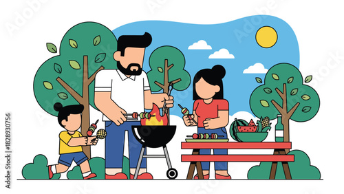 Family cooking and enjoying a summer barbecue outdoors. Ideal for lifestyle themes, relaxing holiday memories, and family celebration visuals