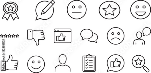 Set of line icons representing customer feedback, rating, review, and satisfaction symbols