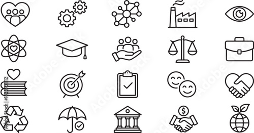 Collection of black and white line icons representing business, social, and environmental responsibility concepts