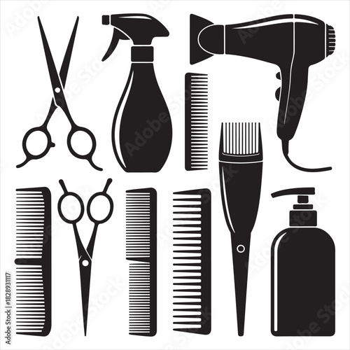Hairdressing Tool Silhouettes – Salon Equipment Icons in Black Grid Layout