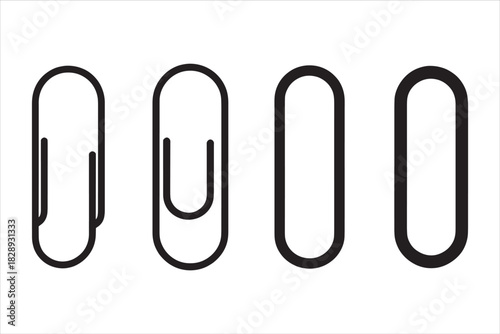 Four simple black and white outline paper clips in a row