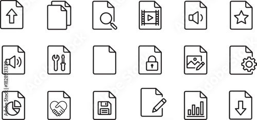 Collection of outline style document and file type icons for user interface design