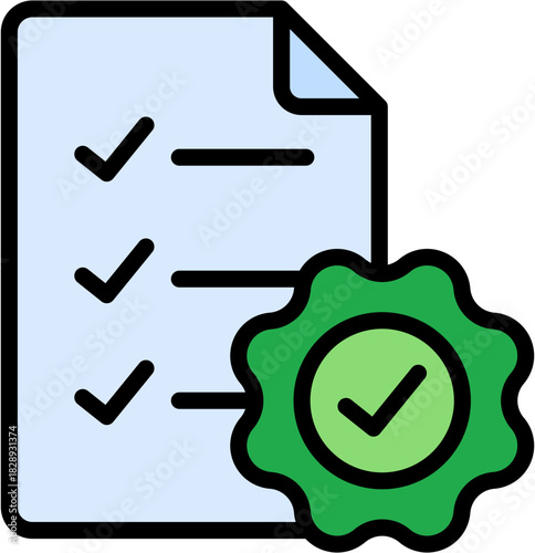Checklist with Green Approval Stamp Icon in Flat Outline Line Style