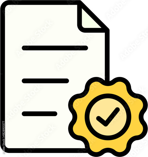 Certificate Document with Check Mark Badge, License icon in Flat Outline Line Art Style