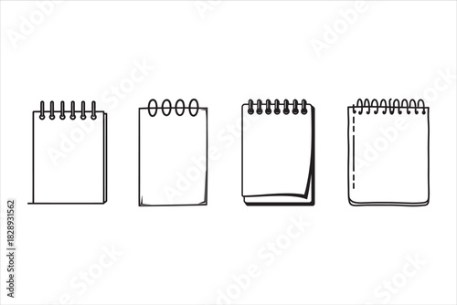 Four blank spiral bound notebooks in a row isolated on white background