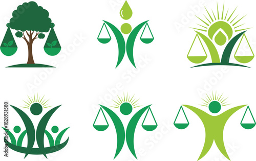 Collection of green justice and law logos with scales and nature elements