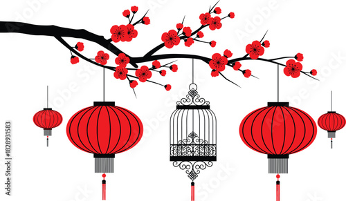Festive Vector Illustration of Red Plum Blossom Branch with Hanging Chinese Lanterns and Birdcage for Lunar New Year Decoration Background