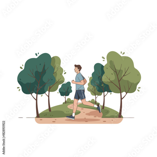 Two friends enjoy a leisurely jog together along a winding park path surrounded by lush green trees and soft pastel tones depicting a serene outdoor activity and healthy lifestyle.