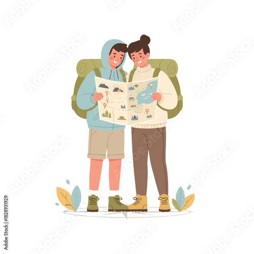 Two Hikers Consulting a Map Planning an Outdoor Adventure Backpacking Trip Together Enjoying Nature Exploration