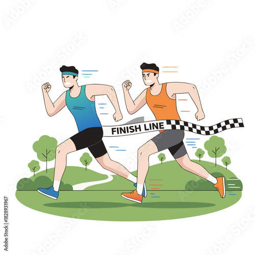Two male athletes race to the finish line in a cross country competition with green rolling hills and trees under an overcast sky representing dedication and athletic achievement