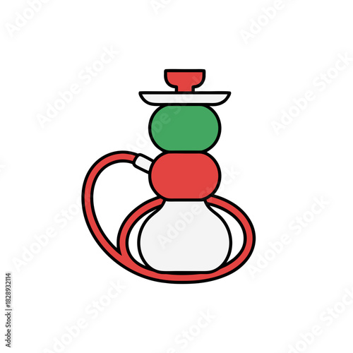 Stylized vector illustration of a hookah pipe with red white and green segments set against a stark black background offering a clean modern aesthetic