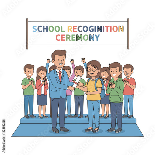 Supportive Teacher Congratulating Student On Stage During School Recognition Ceremony With Clapping Audience In Brightly Lit Auditorium