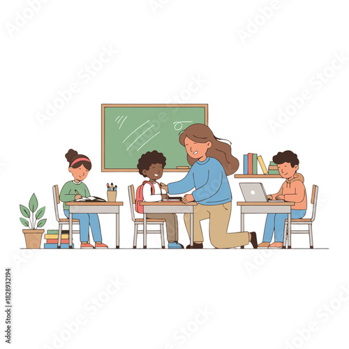 Teacher Assigning Classroom Jobs To Excited Students In A Bright School Room With Desks And Books