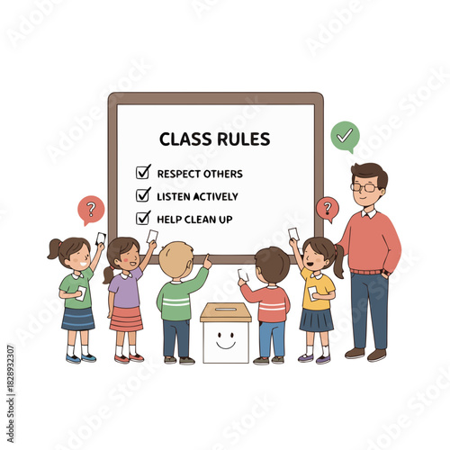 Teacher Taking Attendance Students Sit Quietly Classroom Scene with Class Rules on Whiteboard and Trash Can with Smiley Face Detailed Vector Illustration