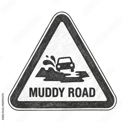 Conceptual Illustration of a Muddy Road Warning Sign in Black and White