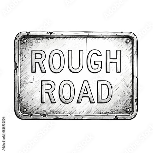 Distressed Metal Signage Indicating Rough Road Ahead with Grunge Effect