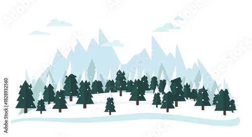 Minimalist winter scene showing a snowy forest at the base of a jagged mountain range, a simple vector landscape illustration