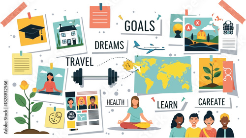 Vision board inspiring dreams of travel, health, learning, and career growth