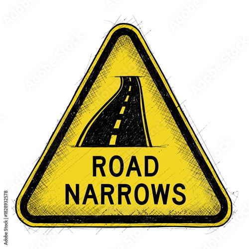 Hand Drawn Road Narrows Sign, a Crucial Alert for Approaching Drivers