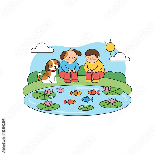 Toddler offering water to thirsty dog beside a pond filled with fish and lily pads on a sunny day with clouds gentle pastel colors flat clean vector illustration style