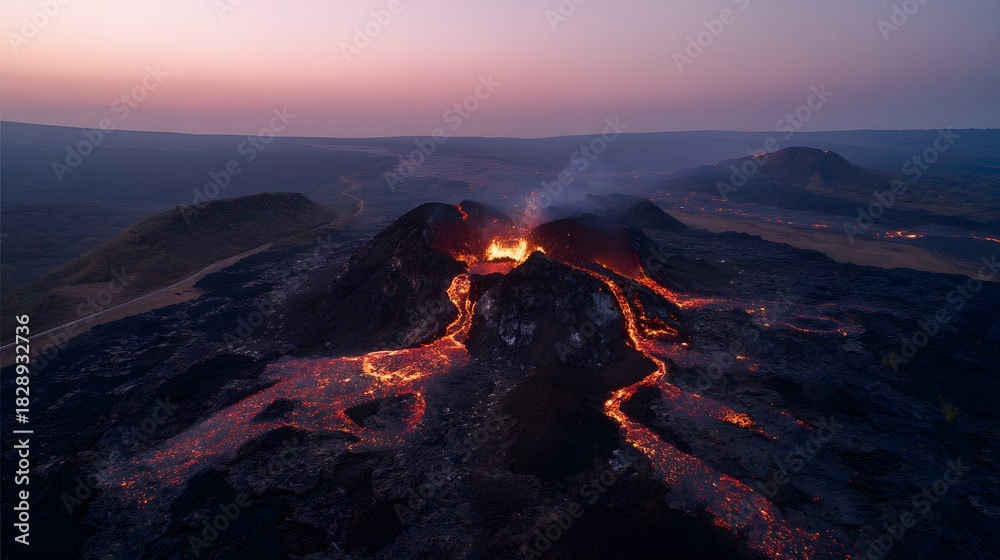 Fototapeta premium Volcanic twilight reveals flowing lava across a rugged landscape dramatic nature scene