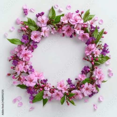 Floral Wreath - Pink  Purple Blossoms on White Background, Delicate Petals.