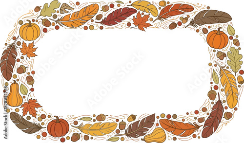 Autumn harvest border with pumpkins, leaves, acorns, and feathers