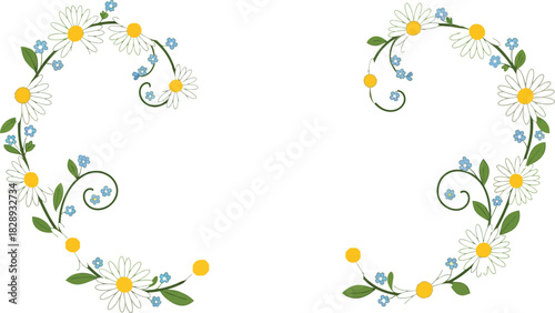Delicate daisy and forget-me-not floral frame with swirling green vines on white background