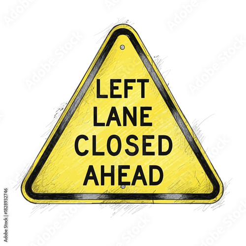 Illustrative triangular sign indicating a left lane closure on the road ahead