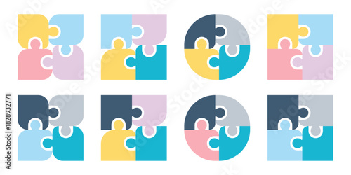Four interlocking puzzle pieces in different colors, symbolizing teamwork, problem solving, connection, strategy set
