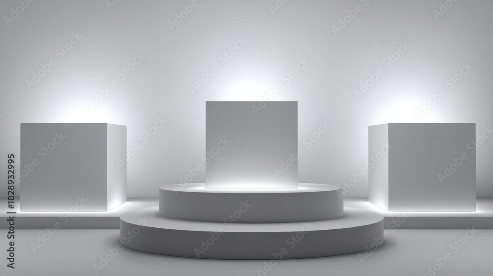 Fototapeta premium Minimal Grey Geometric Platforms With Glowing Edges in an Empty Space Create a Modern and Serene Environment