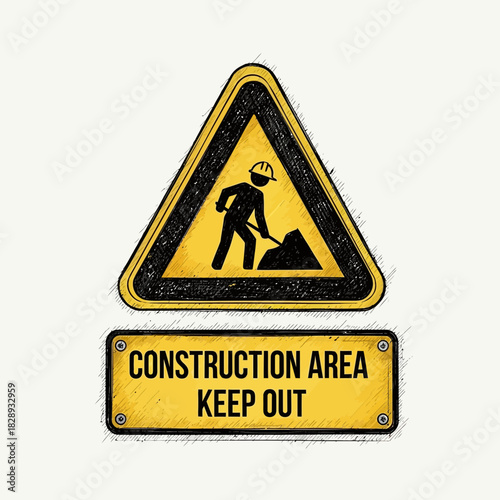 Stylized Sketch of a Construction Site Warning Sign with Keep Out Notice