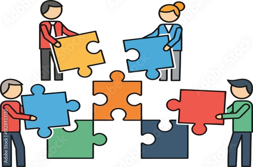 Diverse team collaborates to solve a complex puzzle, symbolizing unity and problem-solving.