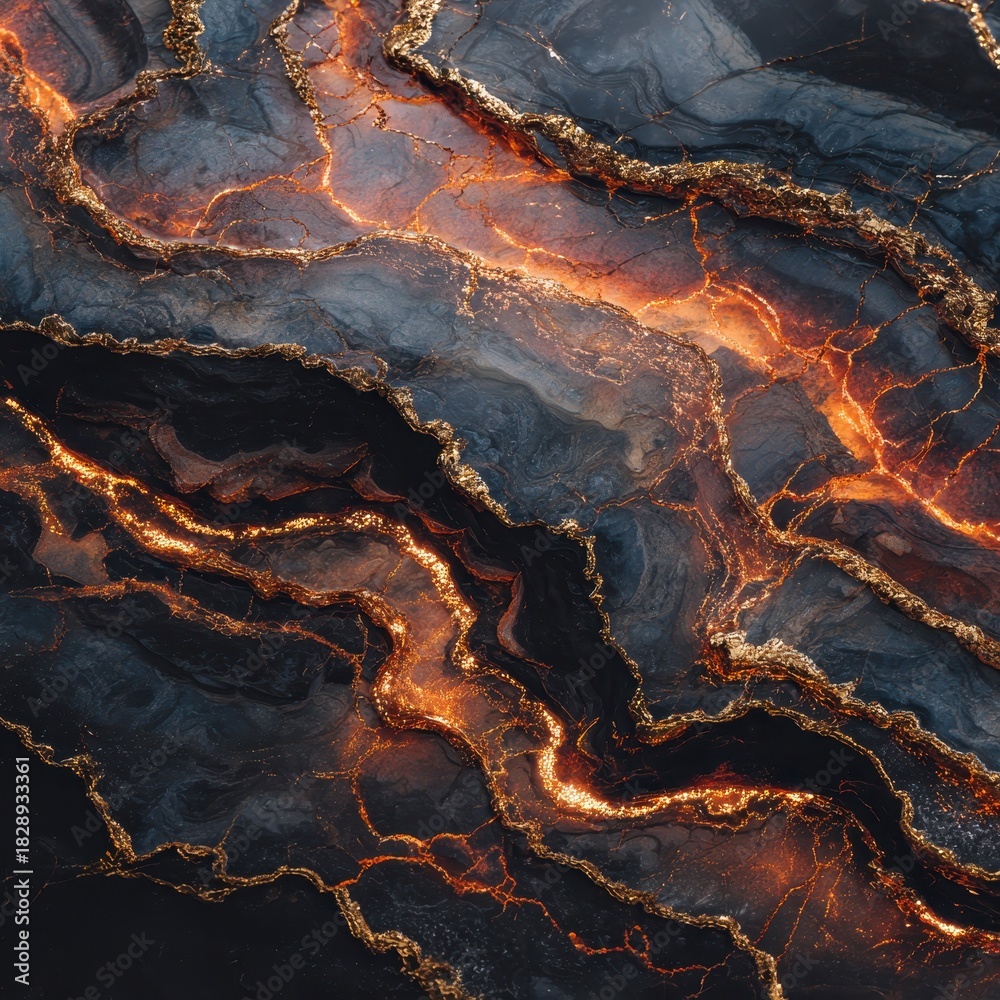 Obraz premium Gilded Cracks of Molten Lava Flowing Through Dark Volcanic Stone.